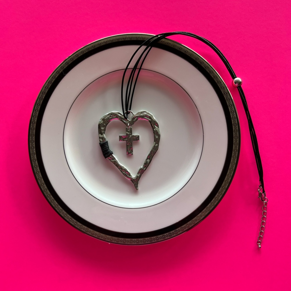 SILVER HEART WITH CROSS NECKLACE